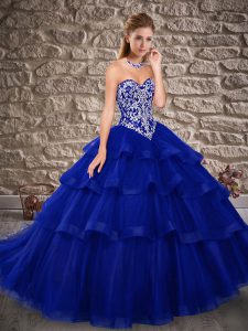 Fine Embroidery and Ruffled Layers Sweet 16 Quinceanera Dress Royal Blue Lace Up Sleeveless Brush Train