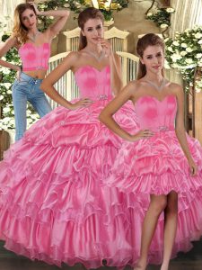 Hot Selling Rose Pink Lace Up Sweet 16 Quinceanera Dress Ruffled Layers and Pick Ups Sleeveless Floor Length