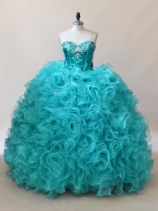 Aqua Blue Fabric With Rolling Flowers Sweetheart Sleeveless Floor Length Quinceanera Gown Ruffles and Sequins