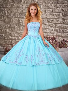Lace Up 15th Birthday Dress Aqua Blue for Military Ball and Sweet 16 and Quinceanera with Embroidery Brush Train