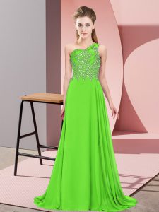 Decent Green Empire Chiffon One Shoulder Sleeveless Beading Floor Length Side Zipper Celebrity Prom Dress