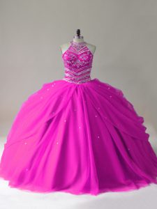 Charming Fuchsia Tulle Lace Up Quince Ball Gowns Sleeveless Beading