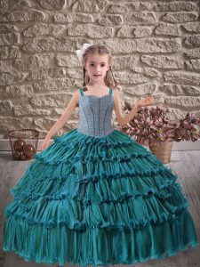 Organza Straps Sleeveless Lace Up Beading and Ruffled Layers Kids Formal Wear in Teal