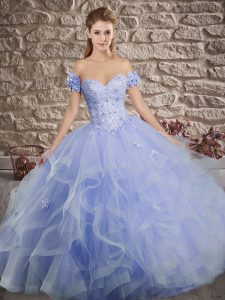 Lace and Ruffles Quinceanera Dress Lavender Lace Up Sleeveless Brush Train