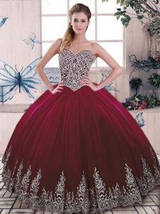 Burgundy Sweet 16 Dress Sweet 16 and Quinceanera with Beading and Embroidery Sweetheart Sleeveless Side Zipper