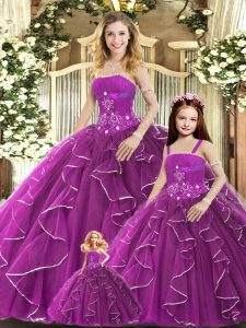 Custom Fit Purple Ball Gowns Tulle Strapless Sleeveless Beading and Ruffles Floor Length Lace Up Vestidos de Quinceanera