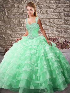 High End Apple Green Organza Lace Up Quince Ball Gowns Sleeveless Court Train Beading and Ruffled Layers