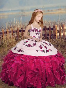 Ball Gowns Winning Pageant Gowns Hot Pink Straps Organza Sleeveless Floor Length Lace Up