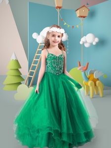 Top Selling Green Spaghetti Straps Zipper Beading and Ruffled Layers Little Girl Pageant Dress Sleeveless