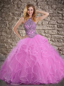 Lilac Ball Gowns Tulle Halter Top Sleeveless Beading and Ruffles Lace Up Sweet 16 Quinceanera Dress Brush Train