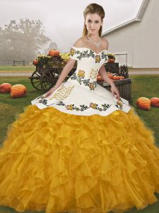 Fabulous Gold Lace Up Vestidos de Quinceanera Embroidery and Ruffles Sleeveless Floor Length