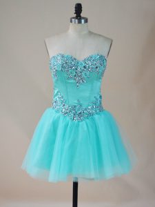 Mini Length Aqua Blue Prom Gown Sweetheart Sleeveless Lace Up