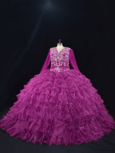 V-neck Long Sleeves Quinceanera Dress Floor Length Beading and Ruffled Layers Purple Organza