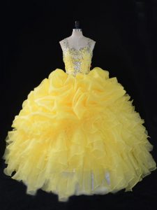 On Sale Organza Sleeveless Floor Length Sweet 16 Dress and Beading and Ruffles and Pick Ups