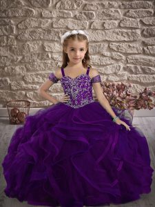 Purple Sleeveless Tulle Sweep Train Lace Up Custom Made Pageant Dress for Wedding Party