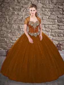 Customized Ball Gowns Sleeveless Brown Sweet 16 Dresses Brush Train Lace Up