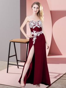Luxury Burgundy Chiffon Zipper Sweetheart Sleeveless Floor Length Prom Dress Lace and Appliques