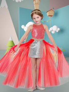 Coral Red Little Girls Pageant Gowns Wedding Party with Beading and Sequins Scoop Sleeveless Zipper