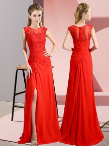 Top Selling Red Chiffon Zipper Dress for Prom Sleeveless Floor Length Beading
