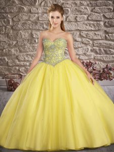 Fine Tulle Sweetheart Sleeveless Brush Train Lace Up Beading Sweet 16 Dress in Gold