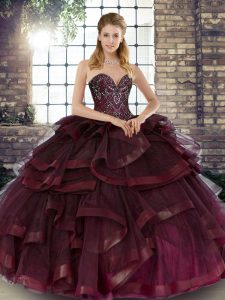 Luxury Tulle Sweetheart Sleeveless Lace Up Beading and Ruffles Quinceanera Dress in Burgundy