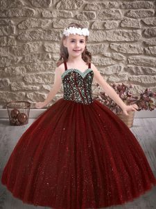 Trendy Burgundy Tulle Lace Up Child Pageant Dress Sleeveless Sweep Train Beading