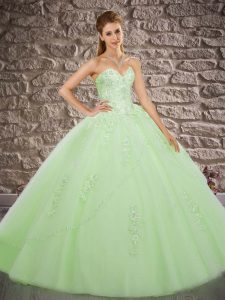 Tulle Sweetheart Sleeveless Brush Train Lace Up Appliques 15th Birthday Dress in Green