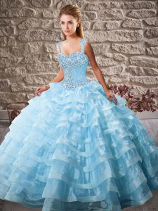 Custom Design Sleeveless Court Train Lace Up Beading and Ruffled Layers Quince Ball Gowns