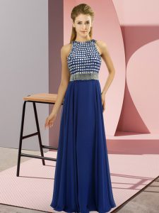 Blue Empire Beading Prom Gown Side Zipper Organza Sleeveless Floor Length