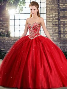 Sweetheart Sleeveless Brush Train Lace Up Quinceanera Gowns Red Tulle