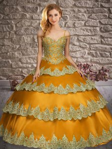 Orange Sleeveless Floor Length Appliques and Ruffled Layers Lace Up Quince Ball Gowns
