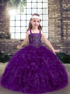 Best Floor Length Eggplant Purple Kids Pageant Dress Straps Sleeveless Lace Up