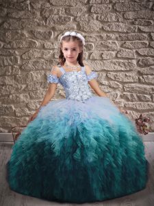 Lace Up Little Girls Pageant Gowns Multi-color for Wedding Party with Beading and Ruffles Sweep Train