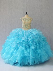 High Quality Baby Blue Lace Up Quince Ball Gowns Ruffles Sleeveless Floor Length