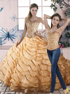 Gold Quince Ball Gowns Sweetheart Sleeveless Brush Train Lace Up