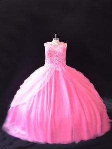 Exquisite Rose Pink Sleeveless Beading Lace Up Quince Ball Gowns
