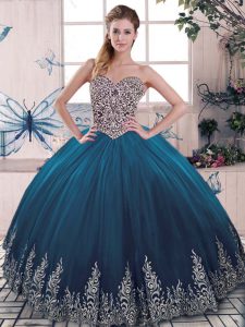 Pretty Blue Tulle Lace Up Sweet 16 Dress Sleeveless Floor Length Beading and Appliques