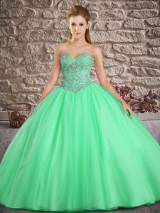 Edgy Green Tulle Lace Up Quinceanera Dresses Sleeveless Brush Train Beading