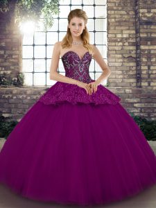 Fuchsia Sweetheart Neckline Beading and Appliques Quince Ball Gowns Sleeveless Lace Up