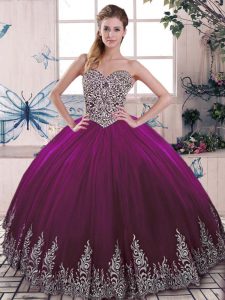 Super Sleeveless Tulle Floor Length Lace Up Ball Gown Prom Dress in Fuchsia with Beading and Embroidery