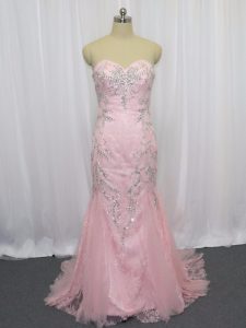 Mermaid Sleeveless Pink Prom Evening Gown Brush Train Zipper