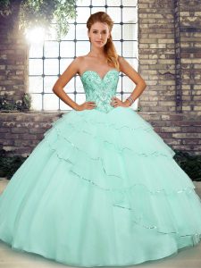 Sleeveless Brush Train Lace Up Beading and Ruffled Layers Ball Gown Prom Dress