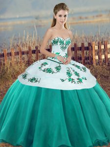 Turquoise Lace Up Vestidos de Quinceanera Embroidery and Bowknot Sleeveless Floor Length