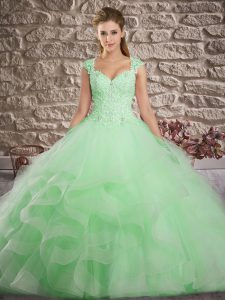 Amazing Green Lace Up Straps Lace and Ruffles Vestidos de Quinceanera Tulle Sleeveless Brush Train