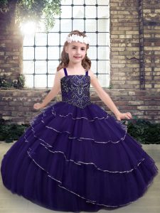 Floor Length Purple Girls Pageant Dresses Tulle Sleeveless Beading