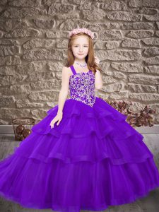 Purple Tulle Lace Up Little Girl Pageant Dress Sleeveless Sweep Train Embroidery and Ruffled Layers