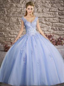 Lavender Ball Gowns Tulle V-neck Sleeveless Appliques Floor Length Lace Up Quinceanera Dresses