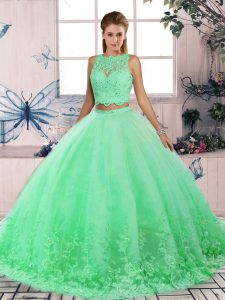 Exquisite Sleeveless Lace Backless 15 Quinceanera Dress with Turquoise Sweep Train