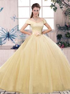 New Arrival Off The Shoulder Short Sleeves Tulle Quince Ball Gowns Lace and Hand Made Flower Lace Up