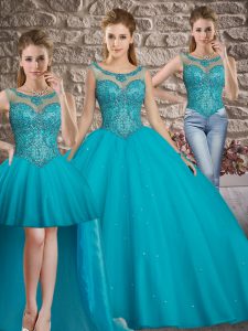Great Teal Sleeveless Tulle Lace Up Sweet 16 Dress for Military Ball and Sweet 16 and Quinceanera